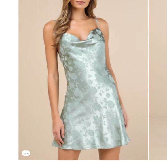 Lulus Close to Your Heart Sage Green Satin Jacquard Cowl Slip Mini Dress Size M - Picture 2 of 10